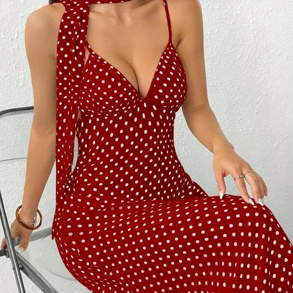 Burgundy Sexy Women's V-Neck Polka Dot Print Maxi Slip Dress - Picture 2 of 5